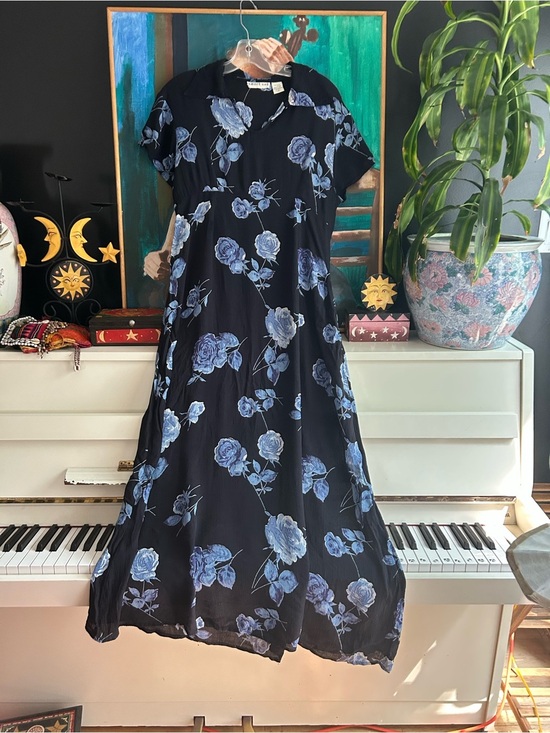 Smart Set Dresses & Skirts - Vintage Smart Set Black Blue Rose Floral Maxi Dress Size 13 90s Grunge